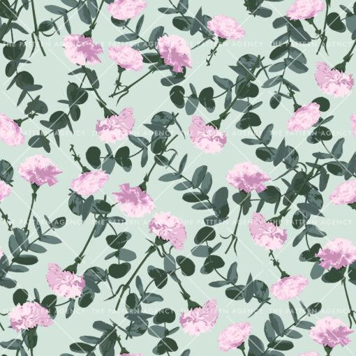 A seamless pattern with pink flowers and green leaves on a light green background. The flowers have five petals and are arranged in small clusters. The leaves are oval shaped and have a dark green edge. The pattern is classic and timeless and can be used for a variety of purposes, for example on fabric, wallpaper or paper.