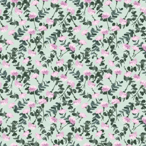 A seamless pattern with pink flowers and green leaves on a light green background. The flowers have five petals and are arranged in small clusters. The leaves are oval shaped and have a dark green edge. The pattern is classic and timeless and can be used for a variety of purposes, for example on fabric, wallpaper or paper.