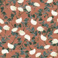 A seamless pattern with white flowers and green leaves on a dark brown background. The flowers have five petals and are arranged in small clusters. The leaves are oval and have a toothed edge. The pattern is elegant and gives a feeling of nature and calm.