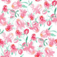 seamless floral pattern with pink flowers and green leaves on a white background. The flowers are five-petalled and have a dark pink color with white edges. The leaves are green and have an oval shape. The pattern is repetitive and creates a sense of cohesion and harmony.