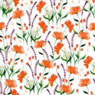 A white background adorned with beautiful floral patterns. The design features orange flowers with green leaves, complemented by other flowers in shades of purple. This fabric pattern showcases a vibrant mix of colors, highlighting the intricacy of the floral designs. Perfect for adding a touch of nature-inspired elegance to any surface, it exemplifies the creativity of surface pattern designers