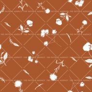 This seamless pattern features white VERBENA flowers on a brown background. The flowers have five petals and a yellow center. They are placed randomly throughout the pattern, but with an even distribution. The background is a warm brown shade that complements the white flowers perfectly.