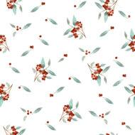 A seamless pattern with red rowan berries and green leaves on a white background. The berries are arranged in clusters and the foliage creates a soft contrast to the vibrant berries. The pattern gives a feeling of summer and freshness.